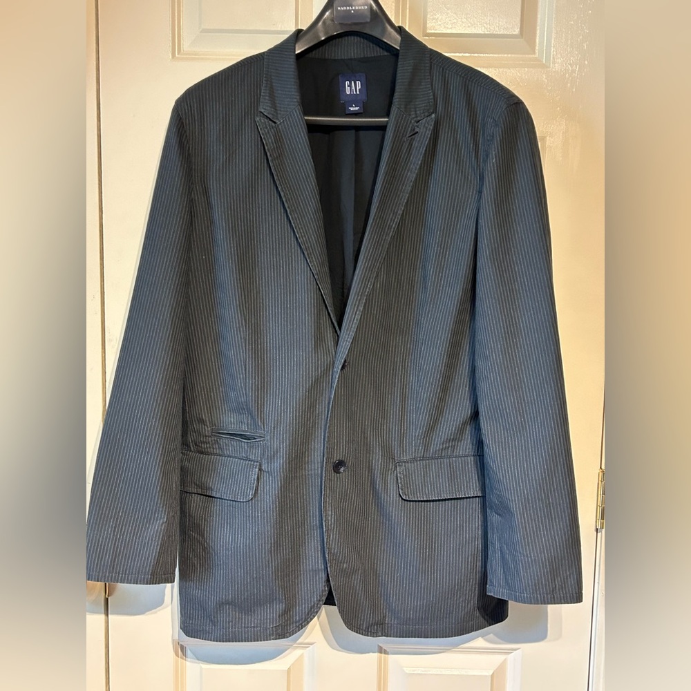 Gap Blazer Jacket Mens Large Unstructured Cotton Twill 2 Button Black Pinstripe